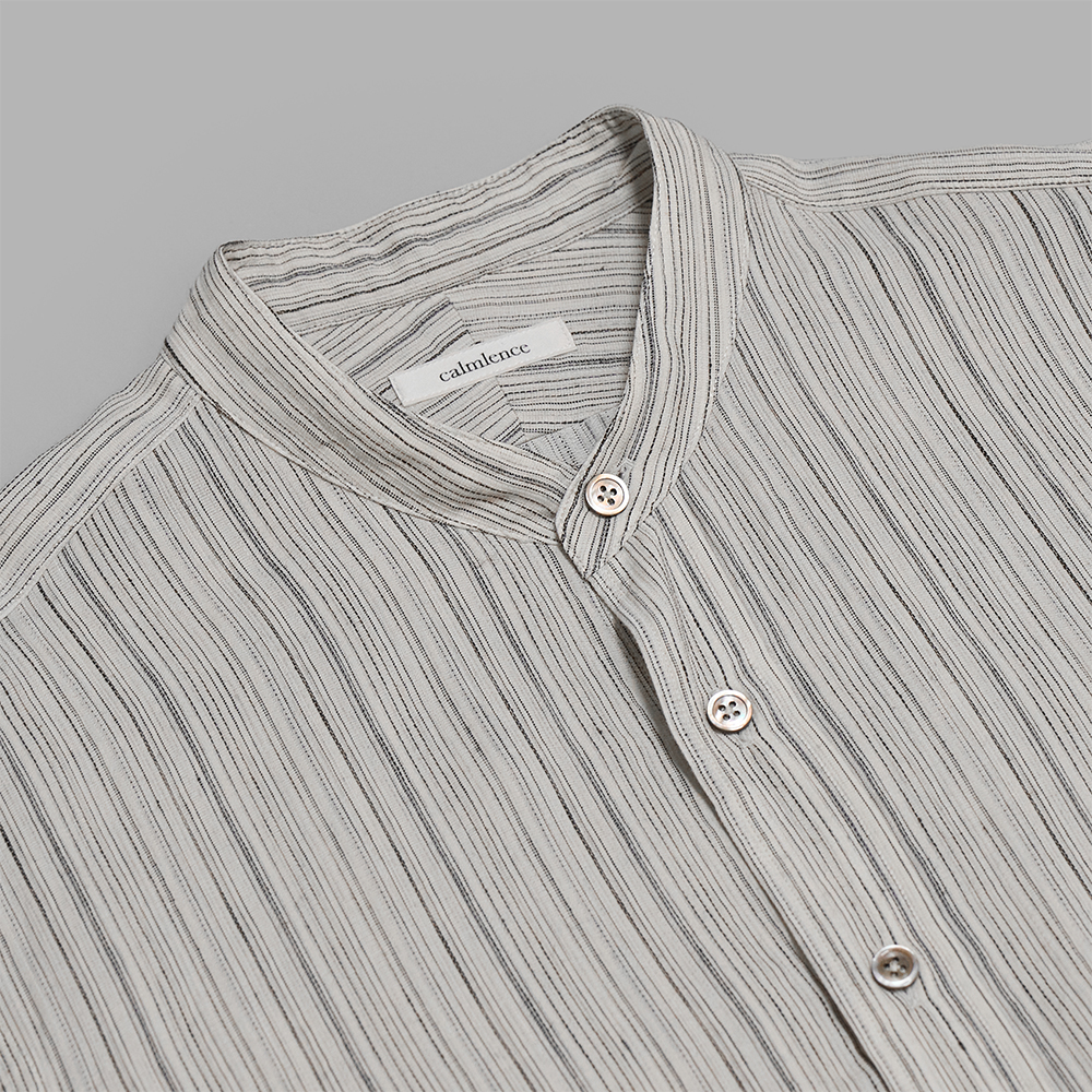 calmlence / Band Collar Shirt (Beige Stripe) | twelve