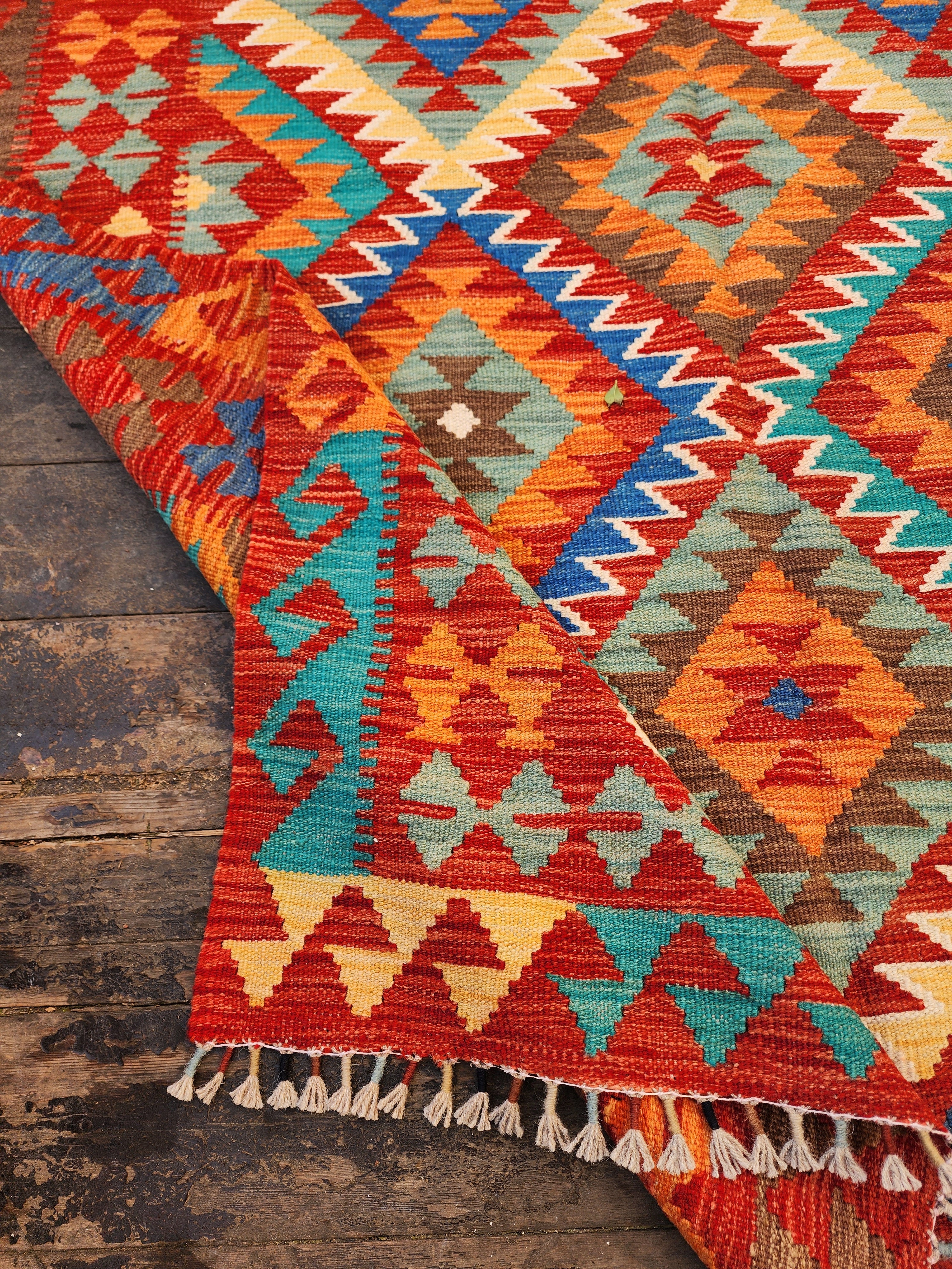 Afghan Kilim Rug, ''5''x6'7'' Orange Blue and Green Kilim Rug,