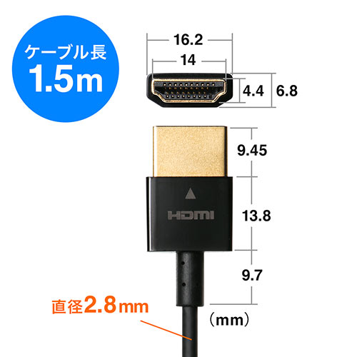 スリムHDMIケーブル 1.5m HDMI 1.4 4K/30Hz 直径2.8mm ブラック/YK