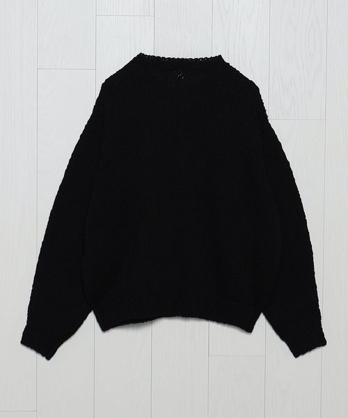 H＞バンプコットン ワイドクロップド クルーネックニット