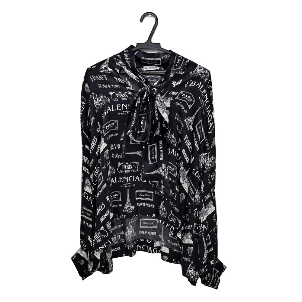 名東】【BALENCIAGA】バレンシアガ ブラウス 総柄 34サイズ ブラック