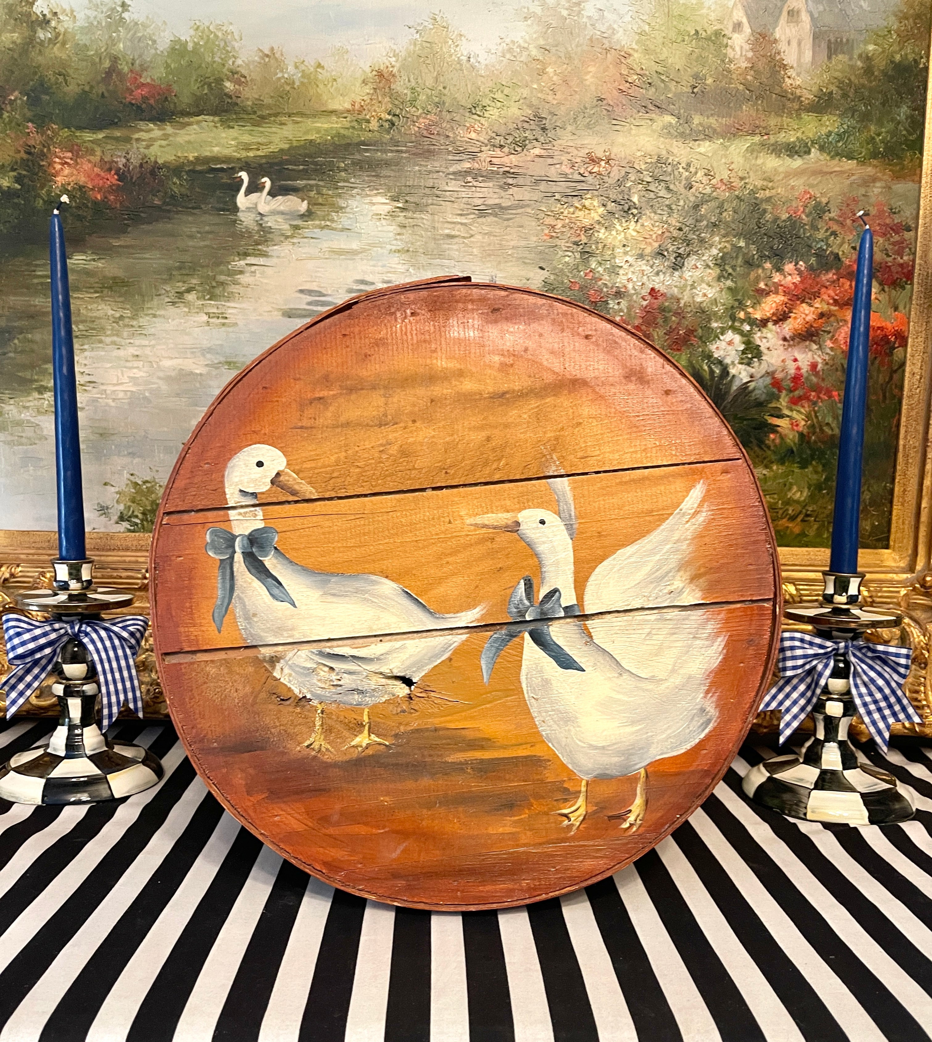 Vintage Hand Painted Cheese Box, Geese in Blue Bows – Under The