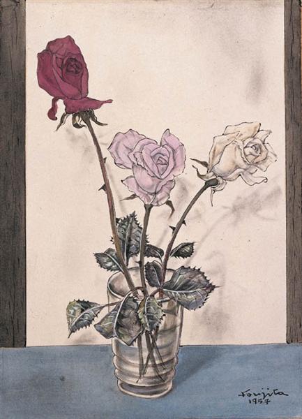 Trois roses dans un vase, 1957 - Tsuguharu Foujita - WikiArt.org