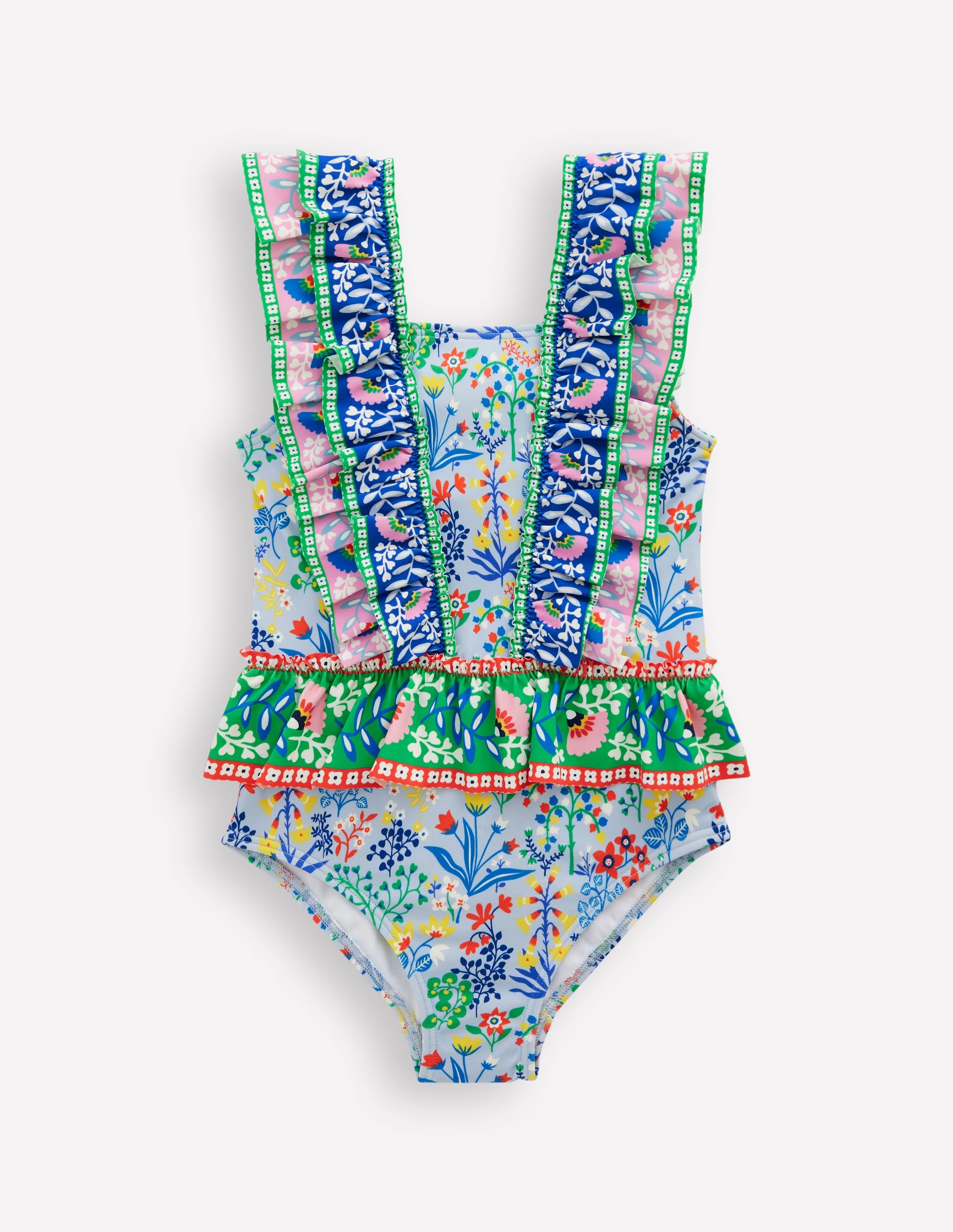 Frill Peplum Swimsuit-Misty Blue Garden Floral | Boden USA