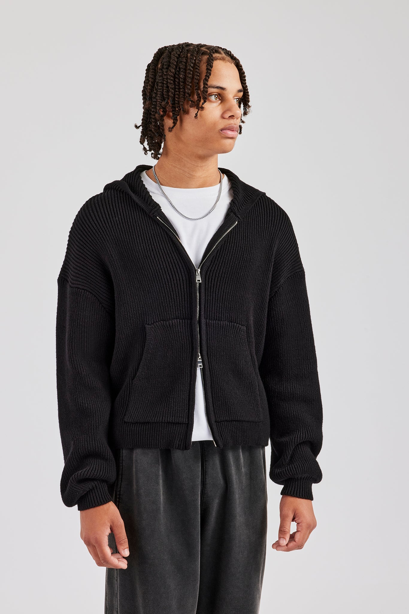 Dual Ended Knitted Zip Hoodie - Black | Mens Knitwear | Shop