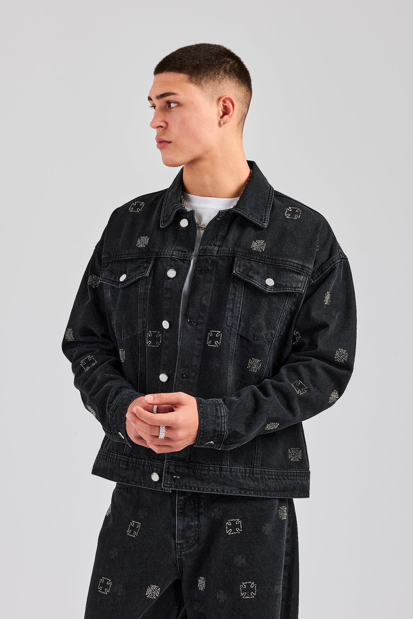Oversized Embellished Denim Jacket - Washed Black | Mens Denim