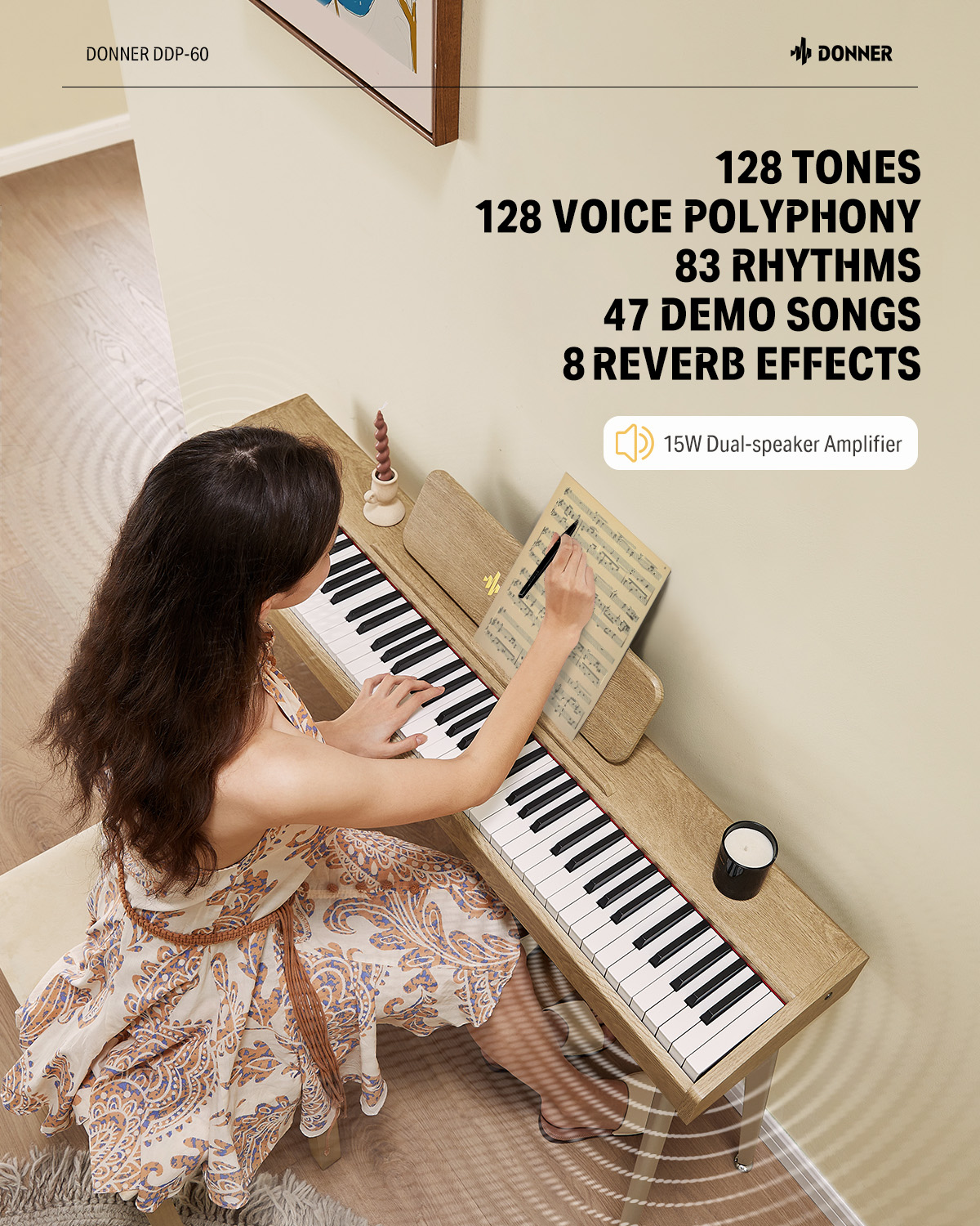 DDP-60 Wooden 88-Key Semi-Weighted Upright Digital Piano Donner