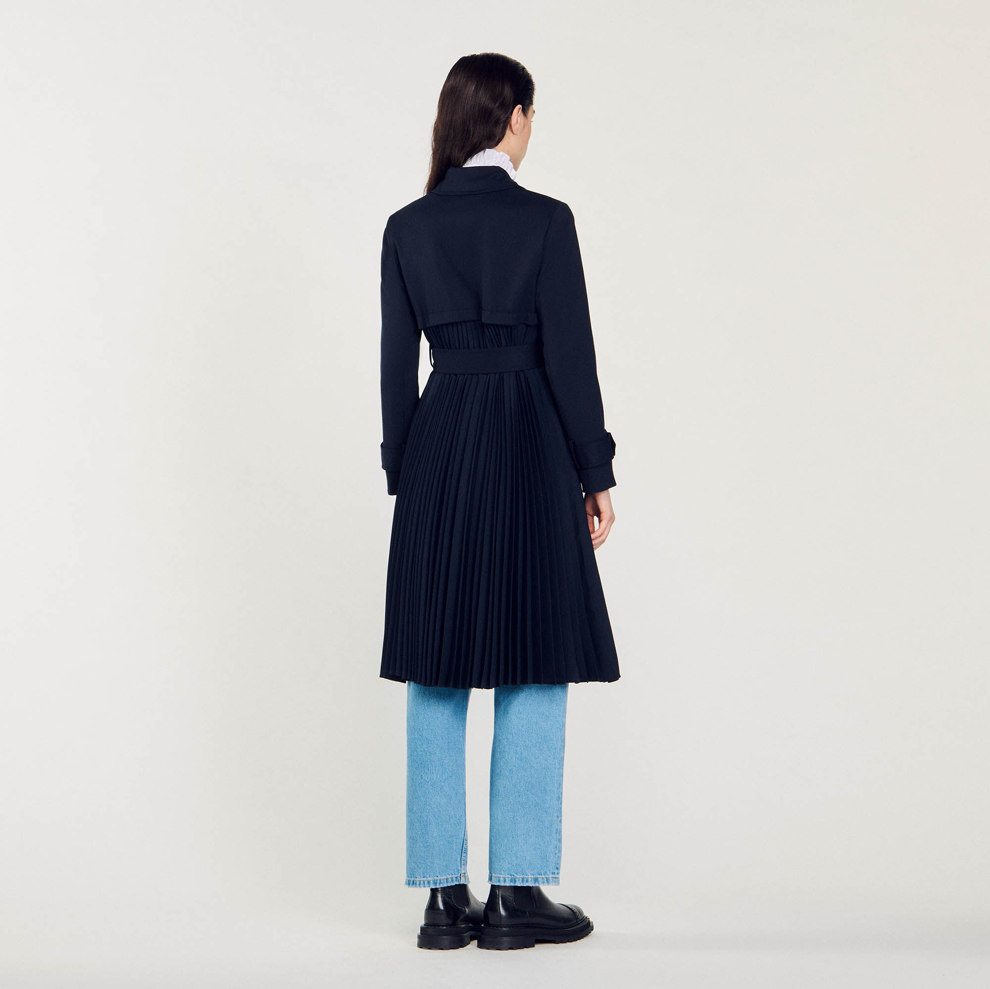 Trench coat with pleated inset in Navy Blue for Women | Sandro Paris