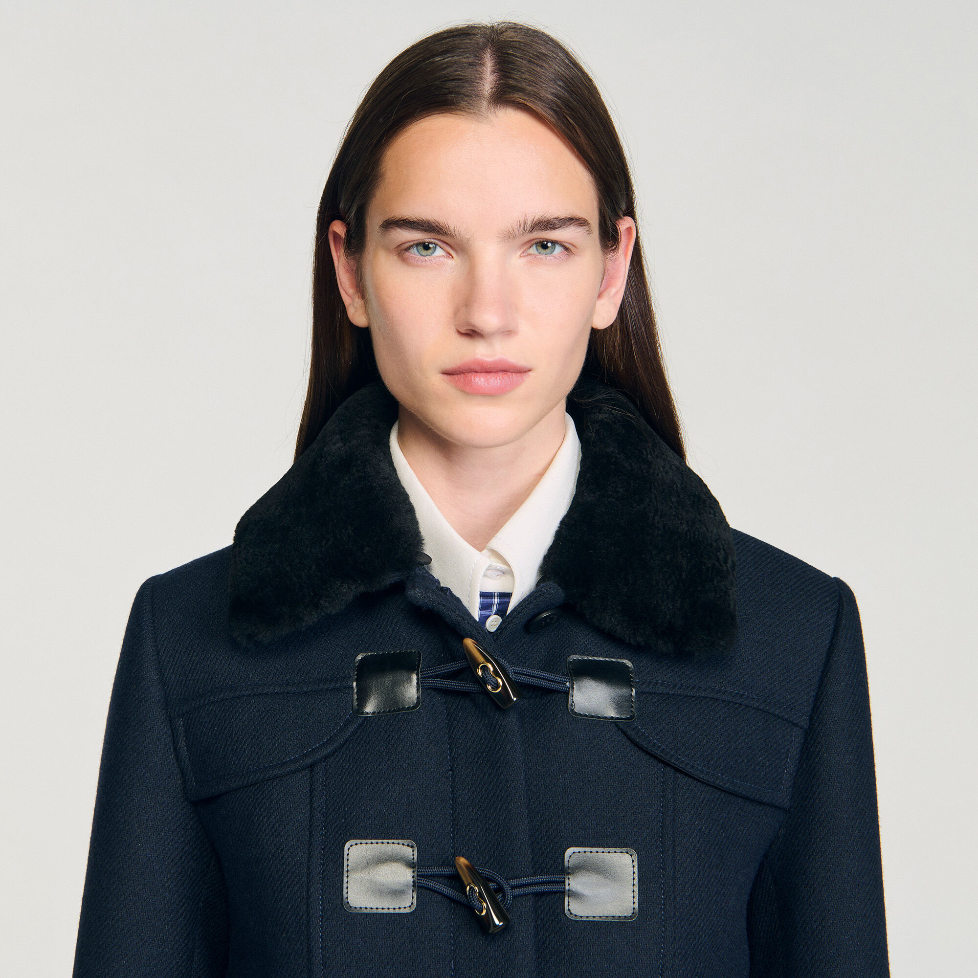 Coat with removable shearling collar blue For Women | Sandro Paris