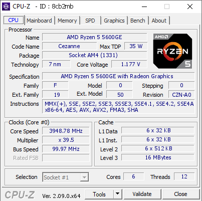 AMD Ryzen 5 5600GE @ 3948.78 MHz - CPU-Z VALIDATOR