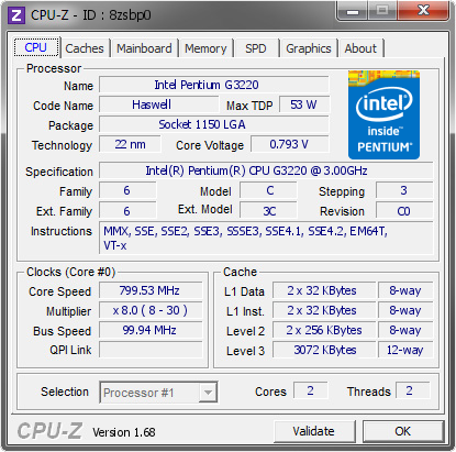 Intel Pentium G3220 @ 799.53 MHz - CPU-Z VALIDATOR