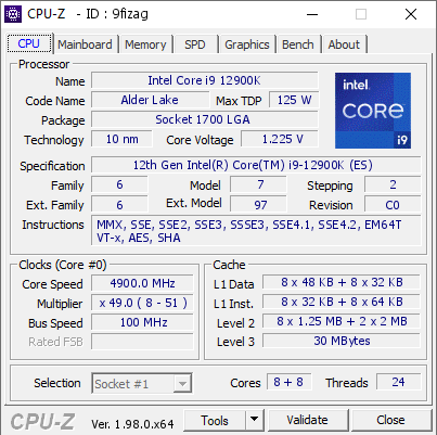 Intel Core i9 12900K @ 4900 MHz - CPU-Z VALIDATOR
