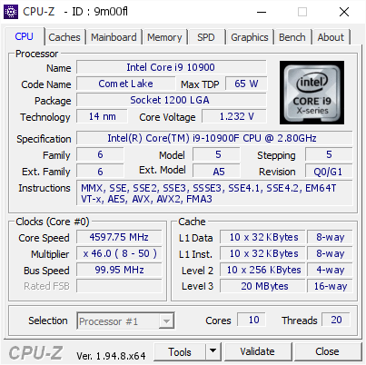 Intel Core i9 10900 @ 4597.75 MHz - CPU-Z VALIDATOR