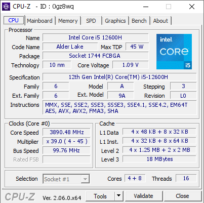 Intel Core i5 12600H @ 3890.48 MHz - CPU-Z VALIDATOR
