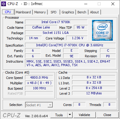 Intel Core i7 9700K @ 4800 MHz - CPU-Z VALIDATOR