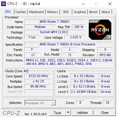 AMD Ryzen 7 3800X @ 4225.53 MHz - CPU-Z VALIDATOR