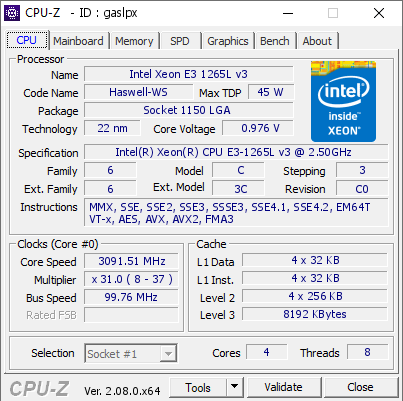 Intel Xeon E3 1265L v3 @ 3091.51 MHz - CPU-Z VALIDATOR