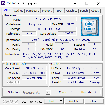 Intel Core i7 7700K @ 4802.35 MHz - CPU-Z VALIDATOR