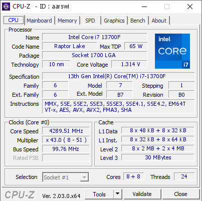 Intel Core i7 13700F @ 4289.51 MHz - CPU-Z VALIDATOR