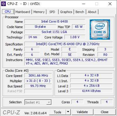 Intel Core i5 6400 @ 3091.66 MHz - CPU-Z VALIDATOR