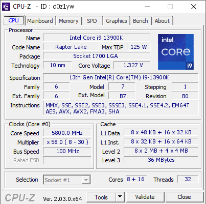 Intel Core i9 13900K @ 5800 MHz - CPU-Z VALIDATOR