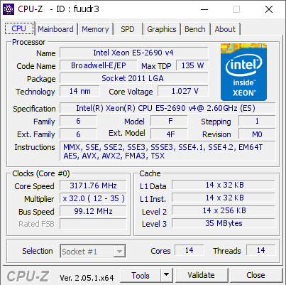 Intel Xeon E5-2690 v4 @ 3171.76 MHz - CPU-Z VALIDATOR