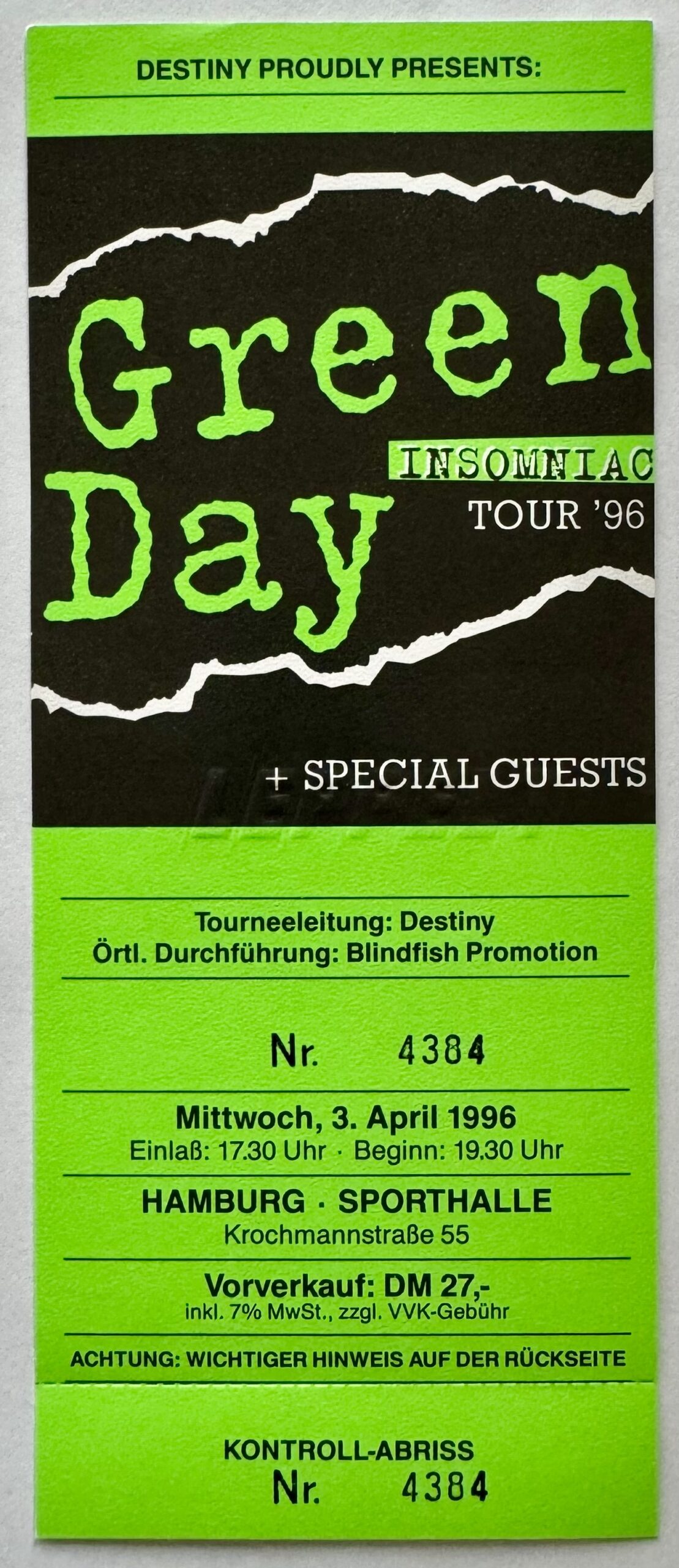 Green Day Concert Ticket 1996 Germany | Visible Vibrations