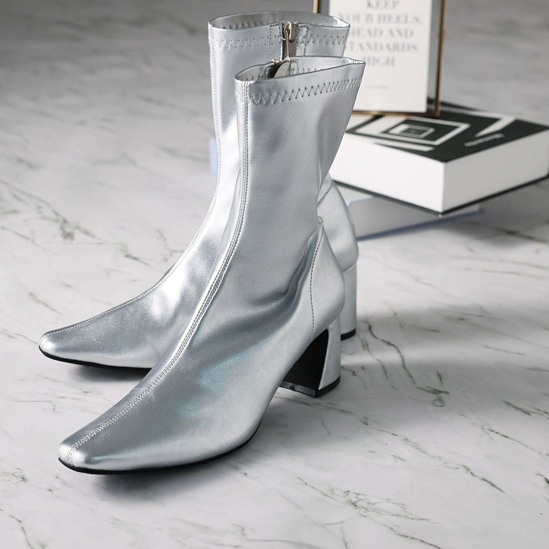 スクエアトゥチャンキーヒールストレッチミドルブーツ ｜靴