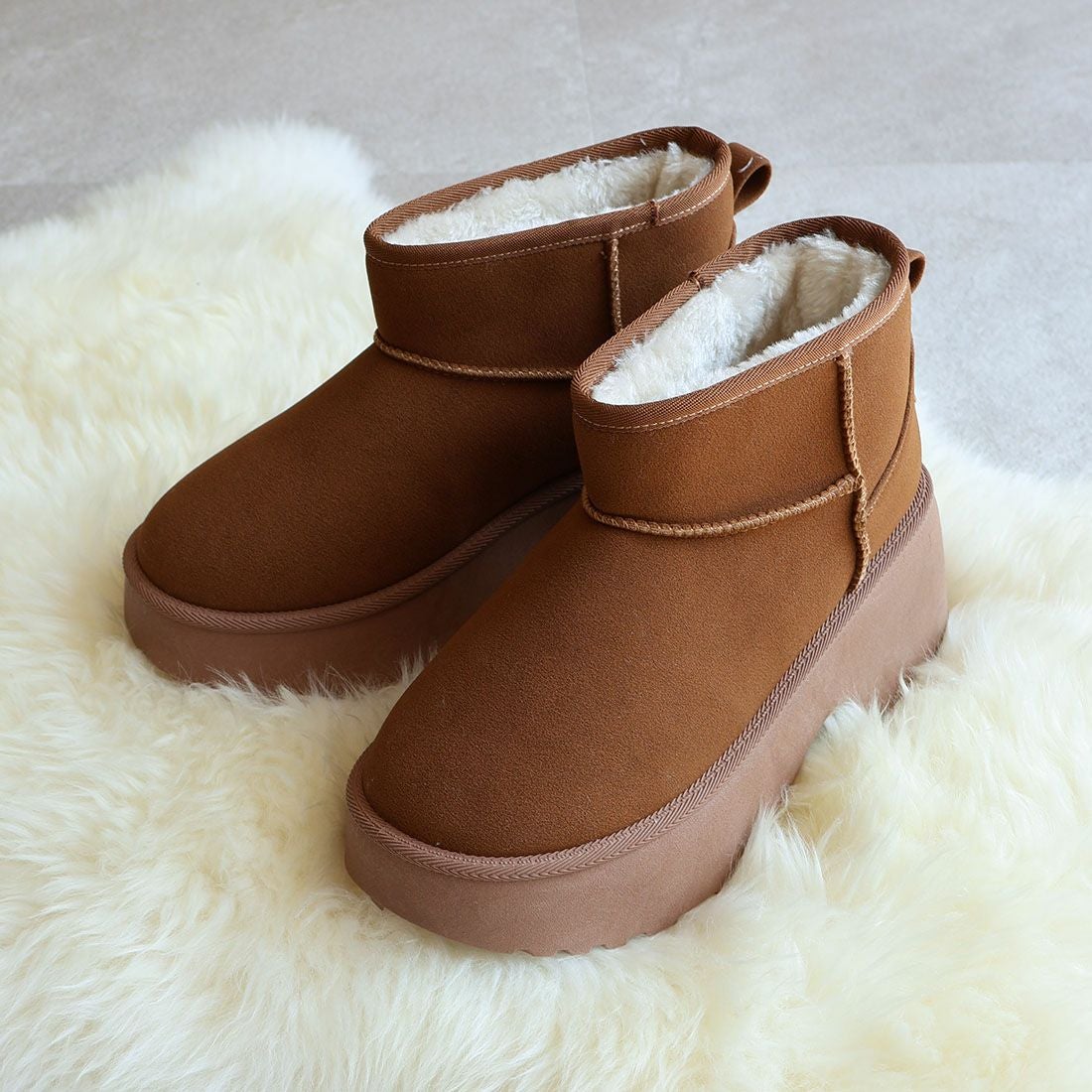 もふぽか厚底7cmチャンキーヒールムートンブーツ ｜靴・レディース