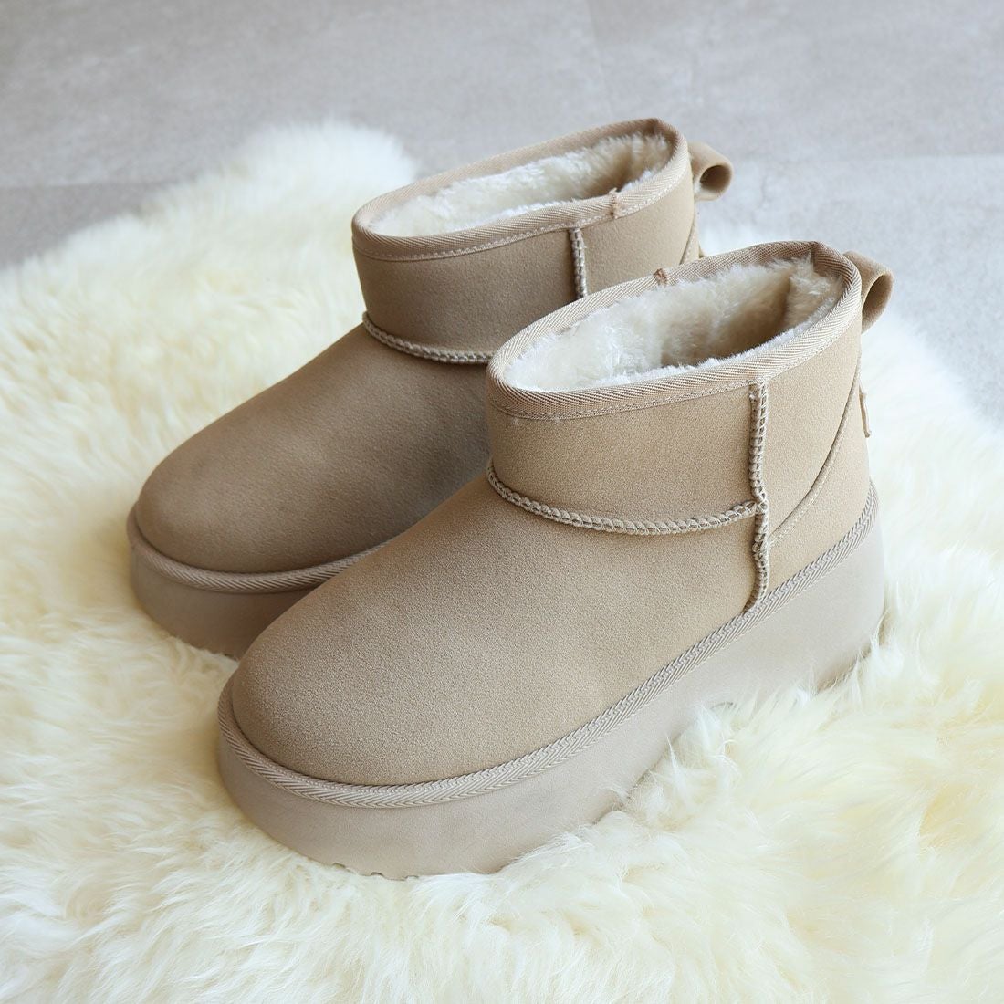 もふぽか厚底7cmチャンキーヒールムートンブーツ ｜靴・レディース