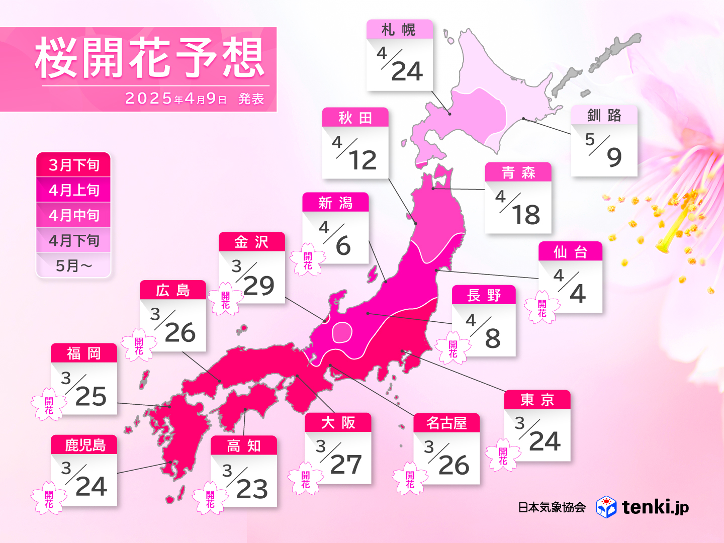 2025年桜開花・満開予想 九州から東北南部で見頃続く 桜前線は4月中旬