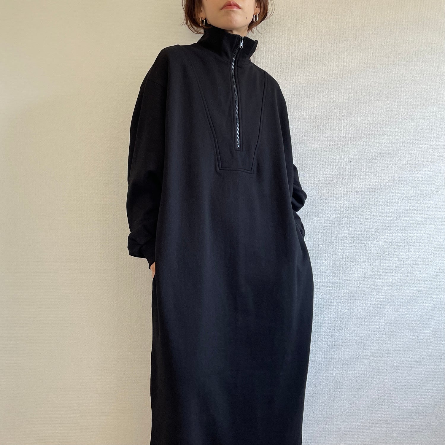 high neck half zip up sweat one piece / black [3size] （ハイネック