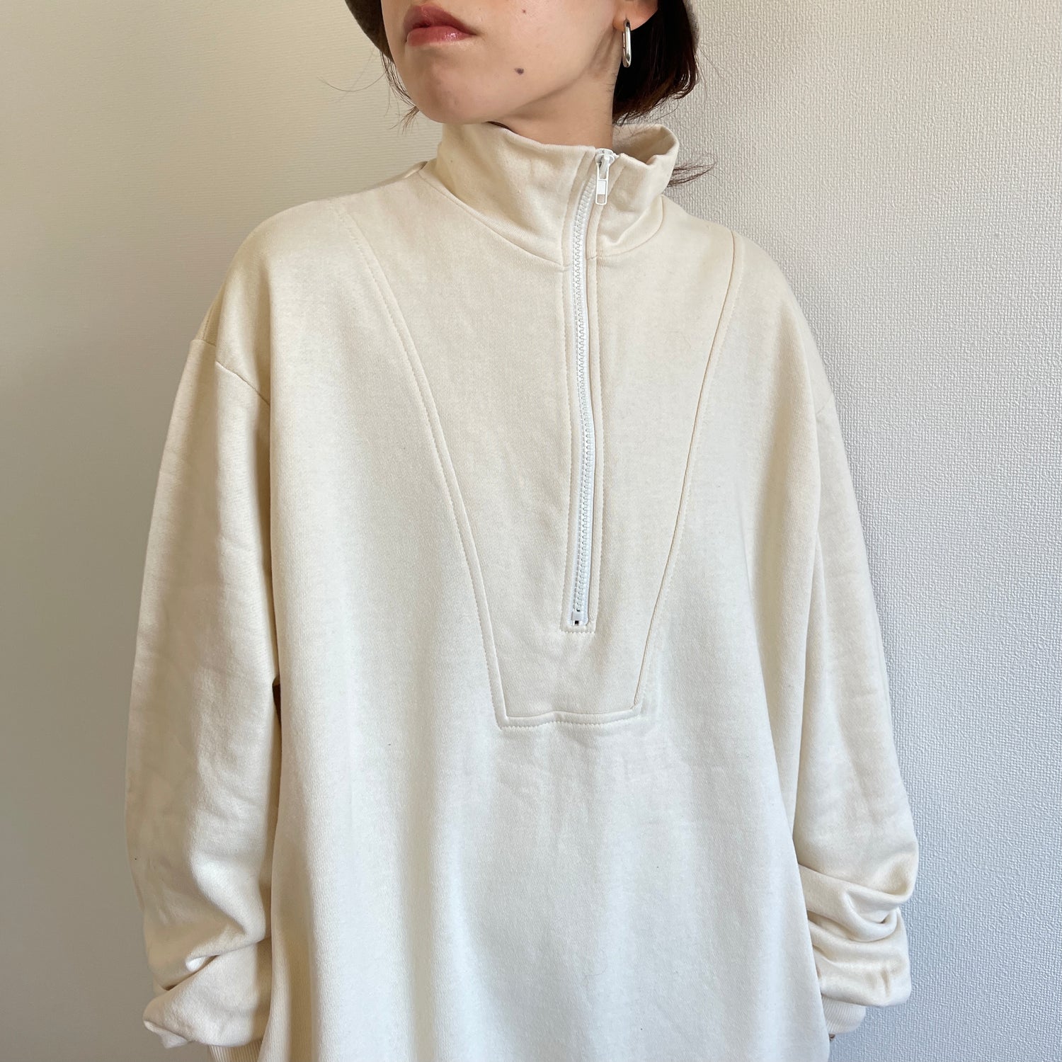 high neck half zip up sweat one piece / ivory [3size] （ハイネック