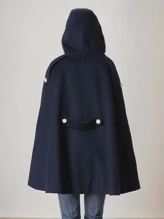 フード付きウールブレンドケープコート ダークネイビー ダブルブレスト