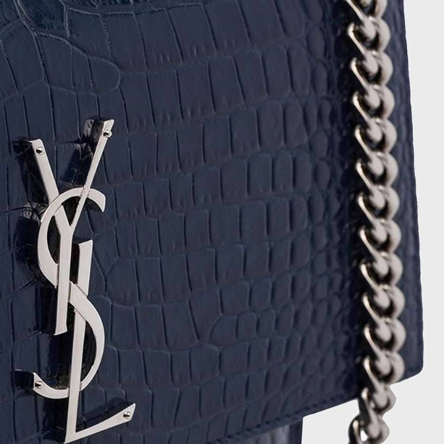 SAINT LAURENT Sunset Medium Croc-Effect Bag in Navy | COCOON