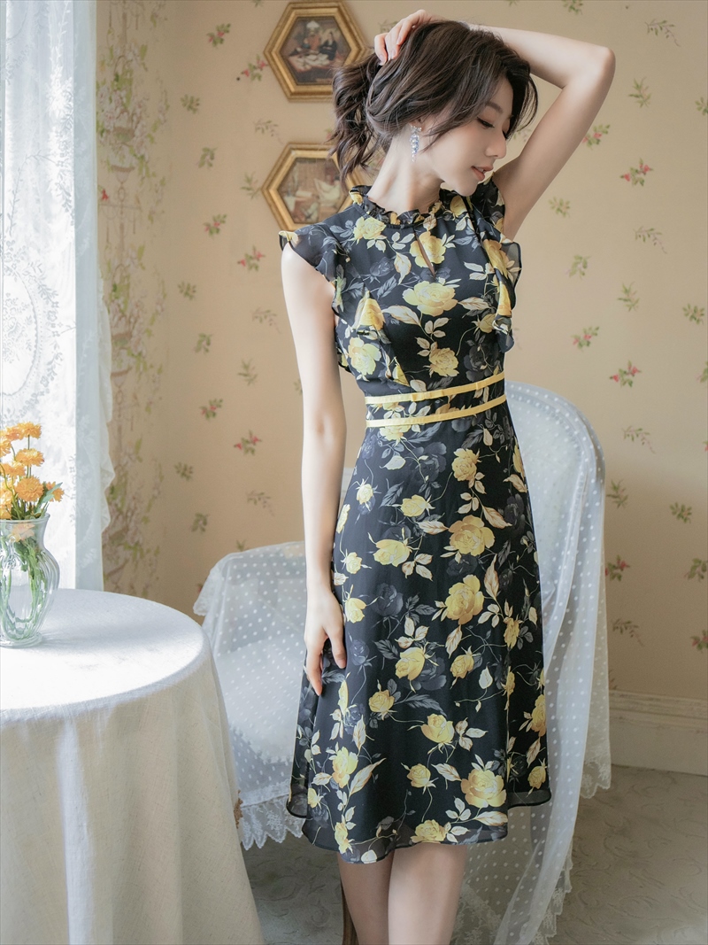 ノースリーブ・ハイウエスト・Aライン・ミディアムドレス - カラードレス