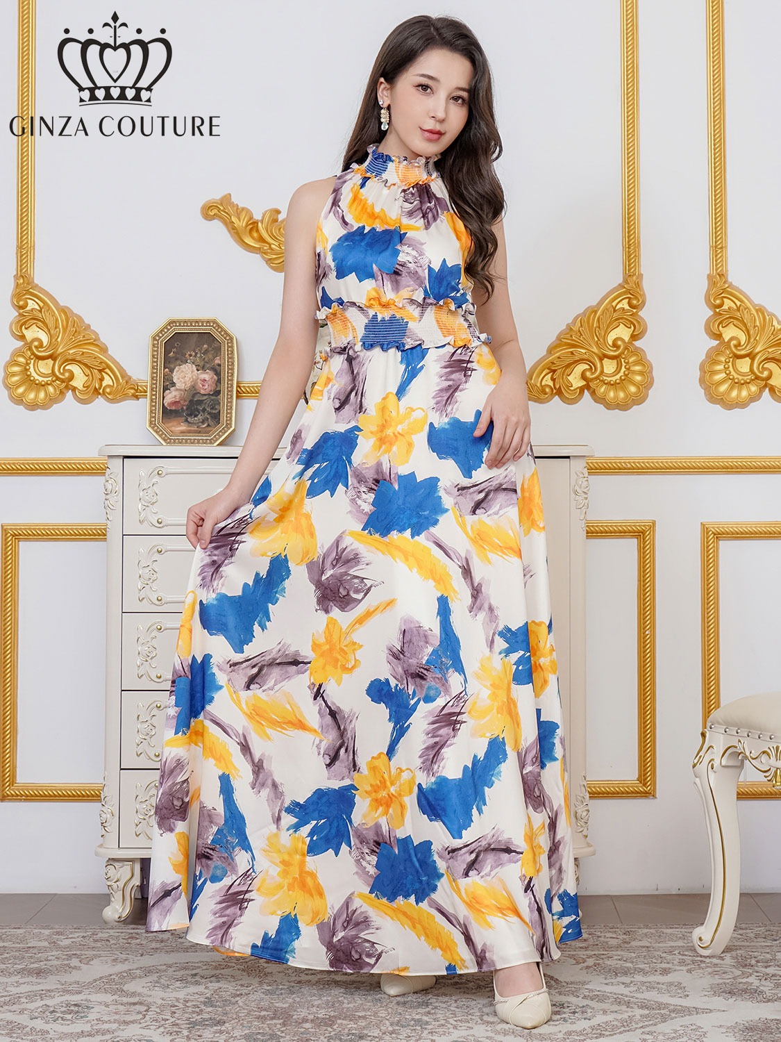 ウエストマーク・アメリカンスリーブ・マキシ・Aライン・ロングドレス