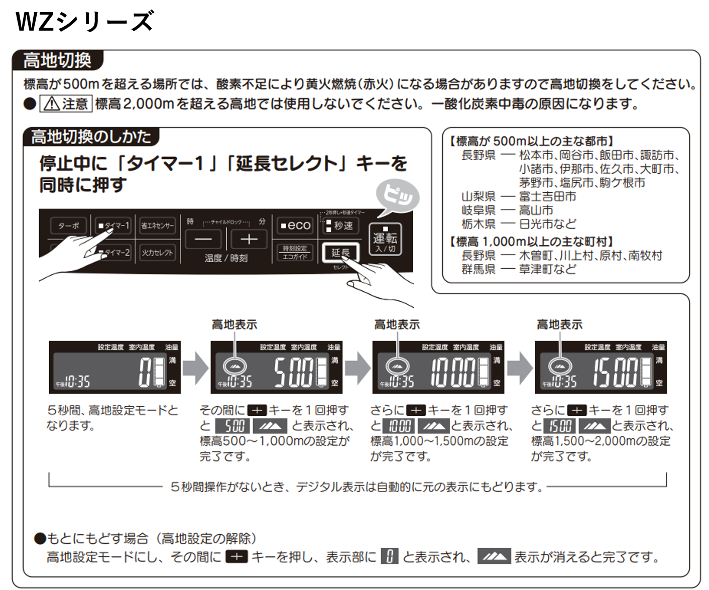 石油ファンヒーターの標高変更・高地切換はどのような操作ですか