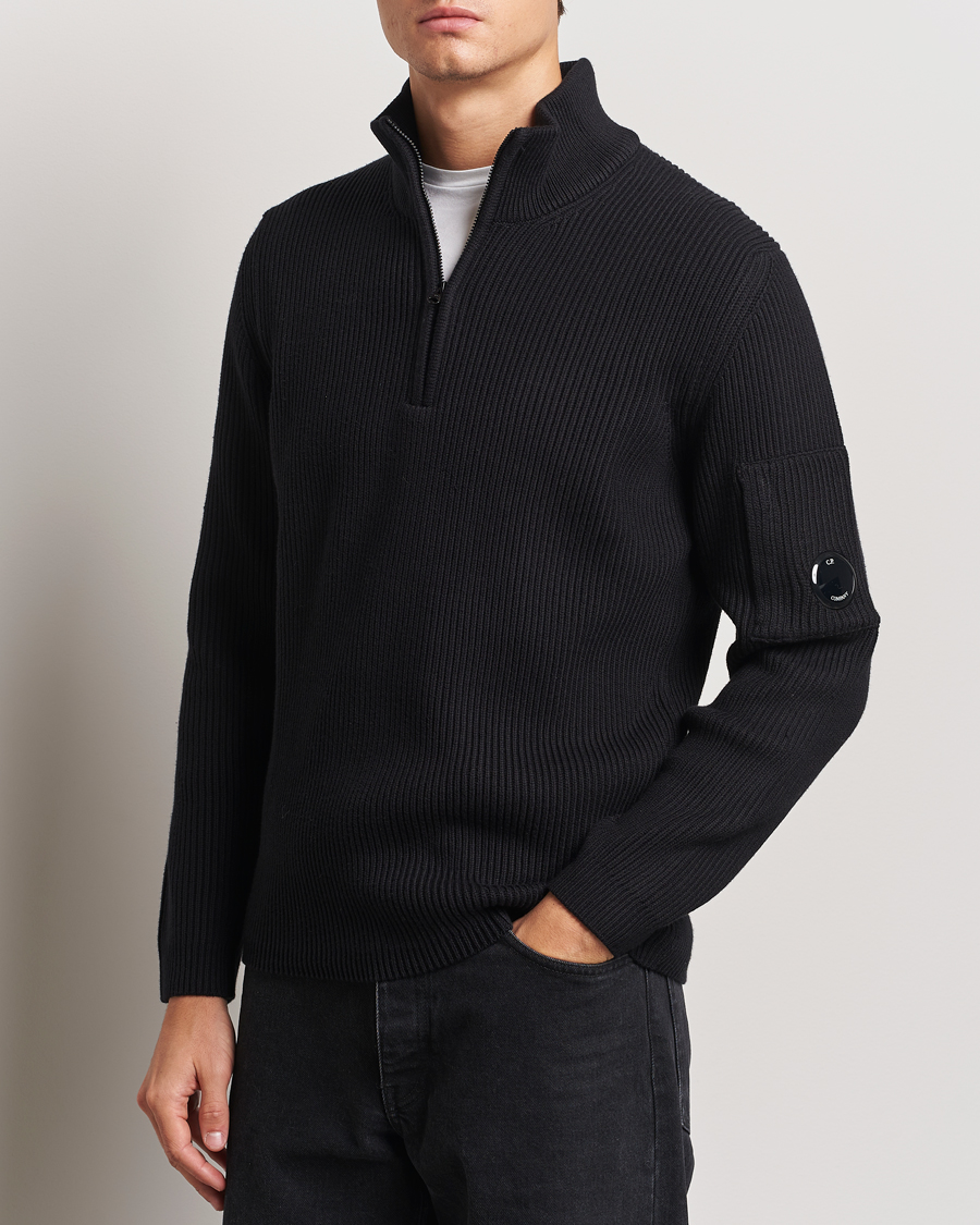 C.P. Company Full Rib Knitted Cotton Half Zip Black at CareOfCarl.com