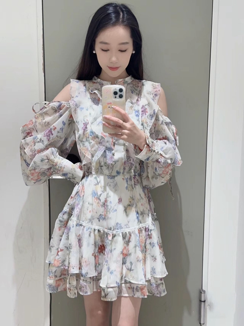 プリントフリルシフォンミニワンピース,レディース