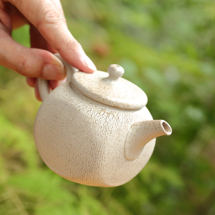 伊藤成二 四角白泥嵐絞り牡蠣殻粉紋茶壷 満容量180ml 常滑焼煎茶器