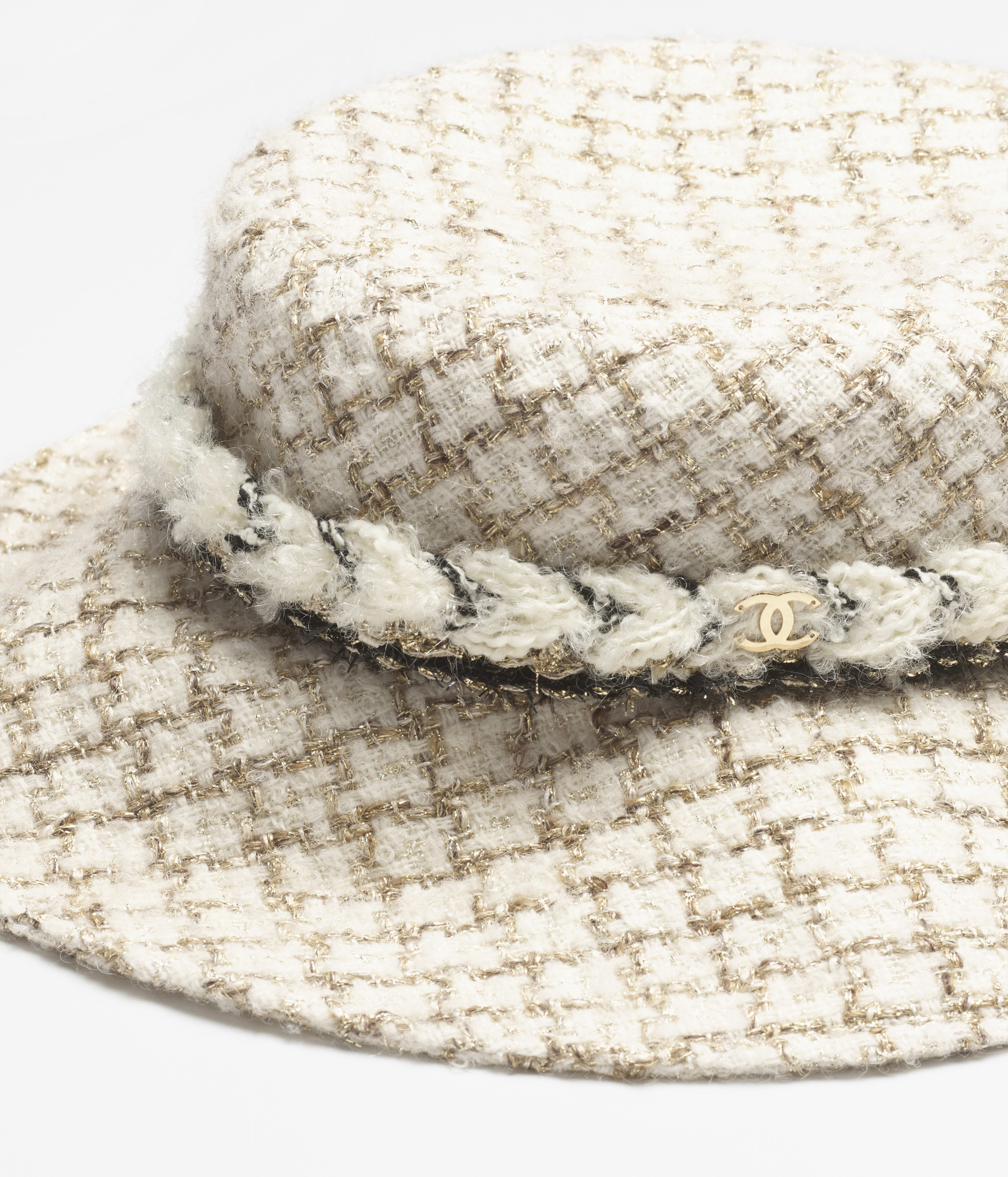 ハット - ウール & モヘア ツイード、エクリュ、ベージュ & ゴールド