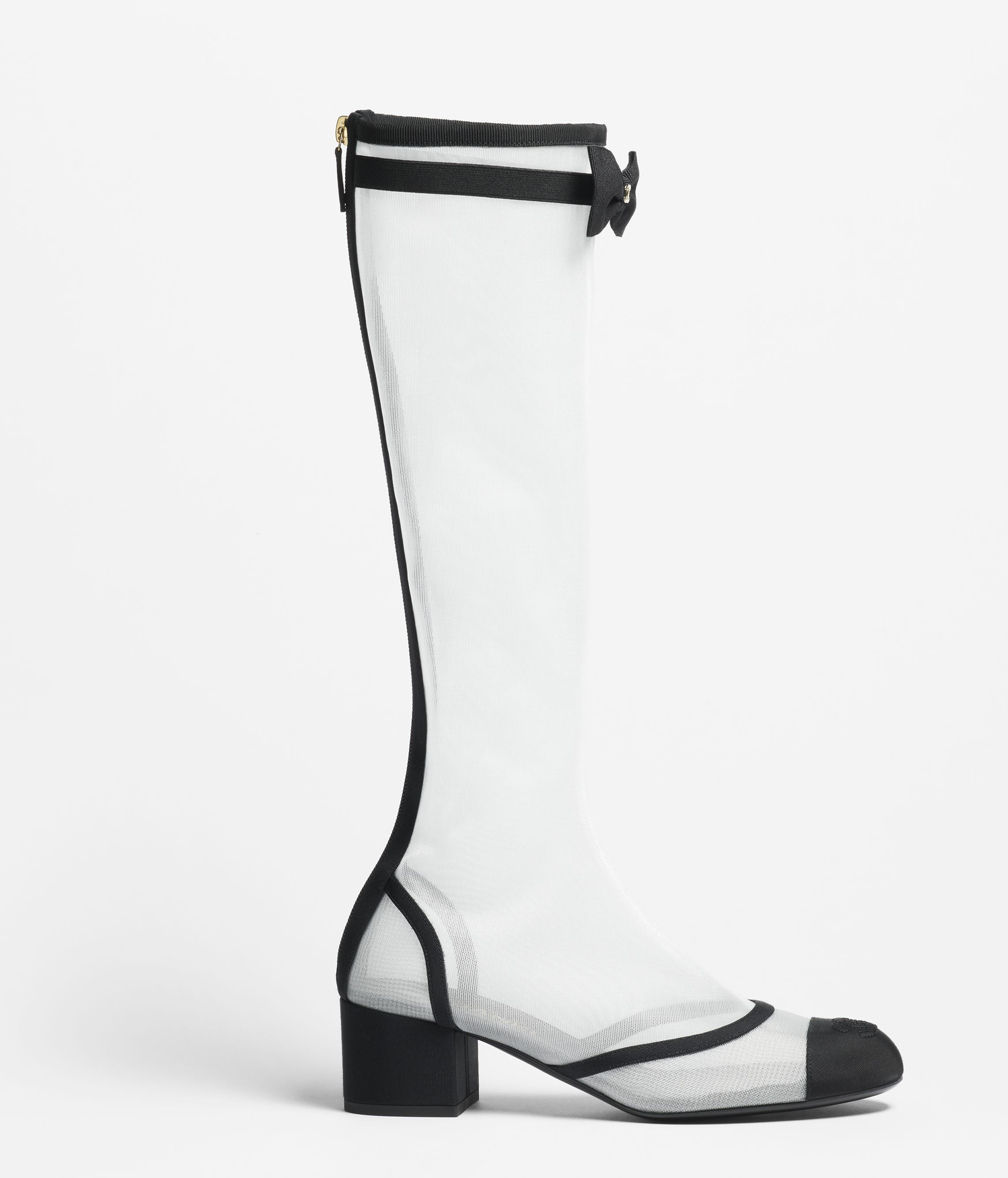 ロング ブーツ - メッシュ & グログラン、ホワイト & ブラック