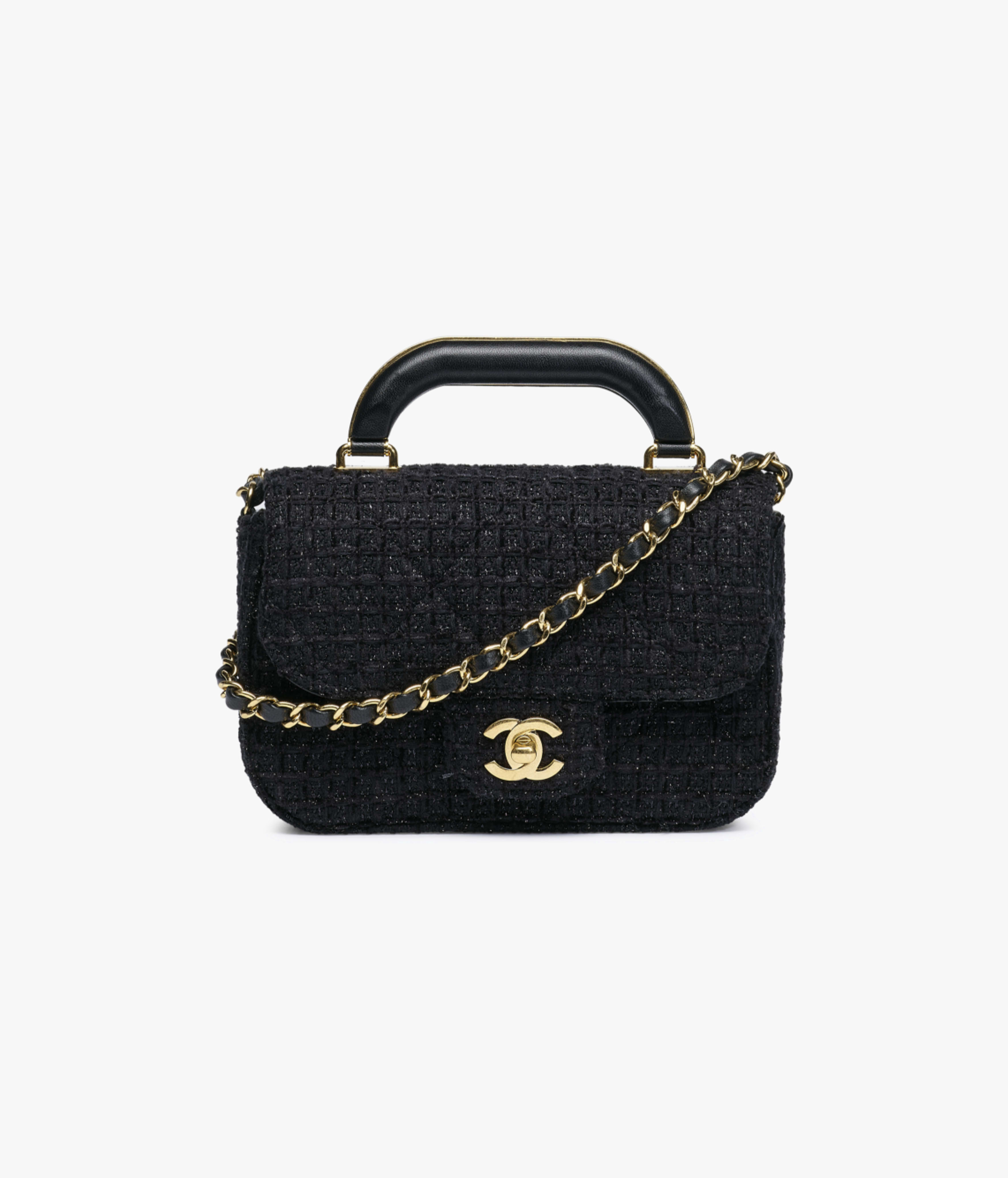 トップハンドル ミニ フラップ バッグ、カシミヤ ツイード、ブラック