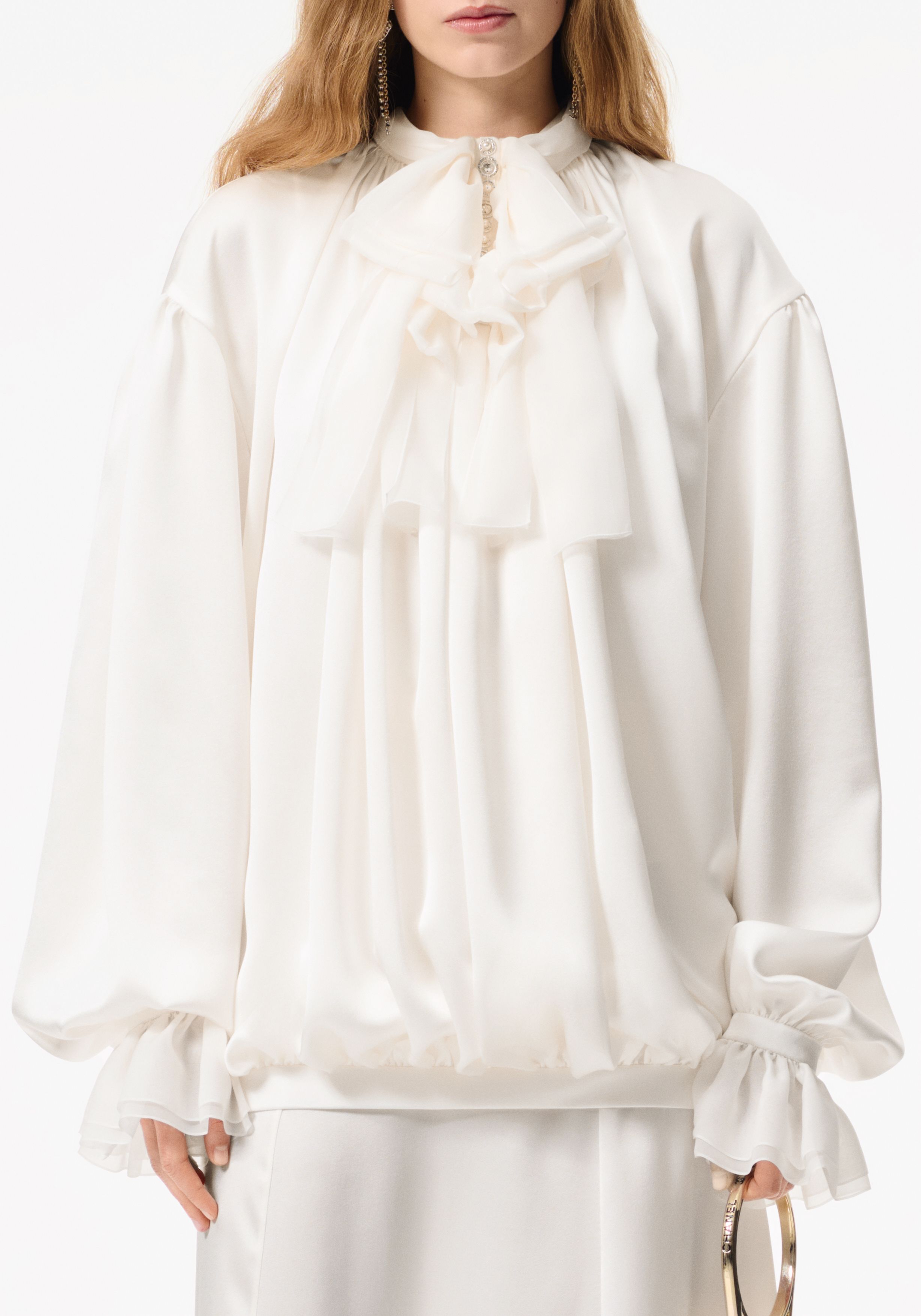 Long-sleeved blouse - Silk satin embroidered with imitation pearls