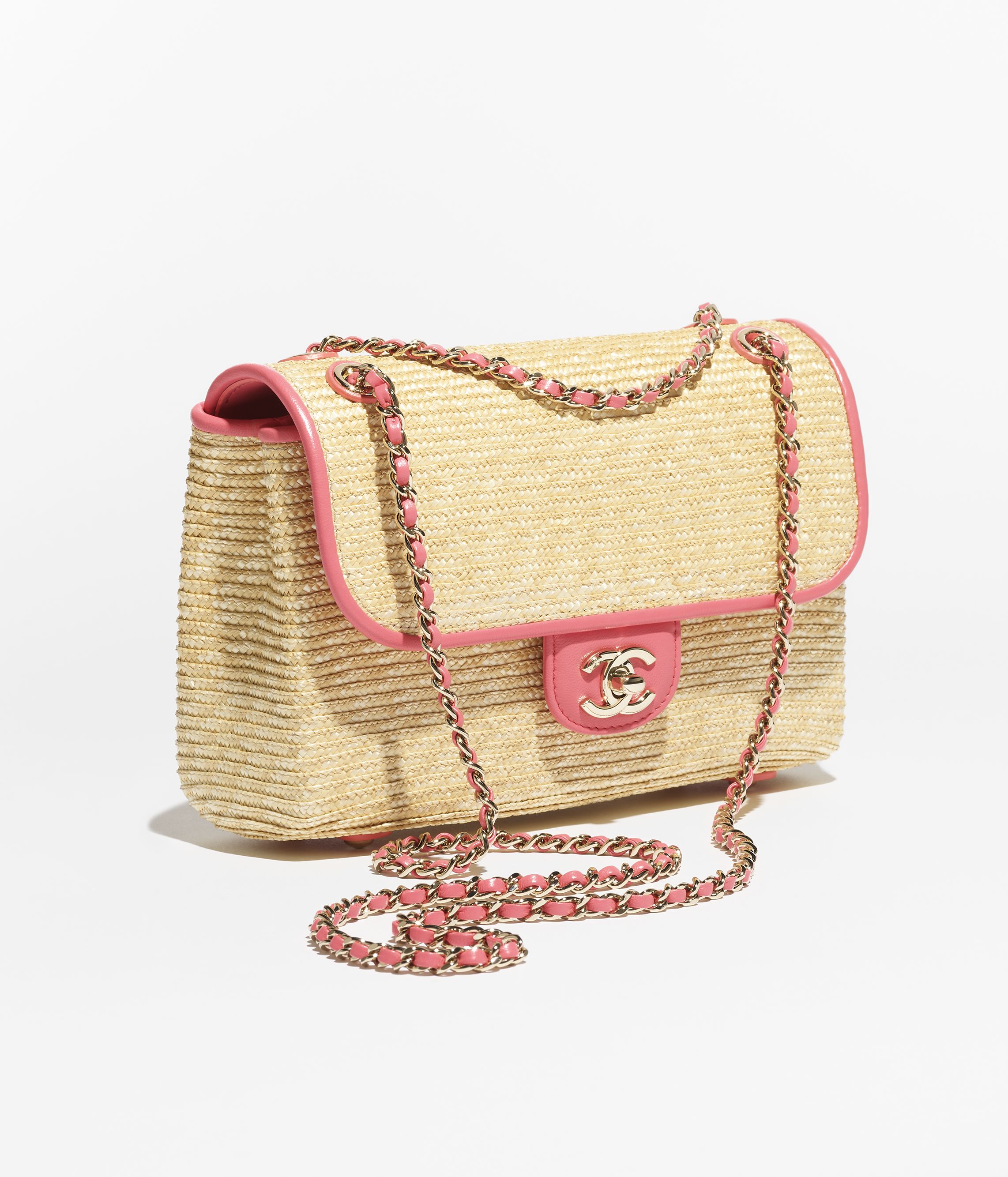 Small flap bag, Braided straw, lambskin & gold-tone metal, beige