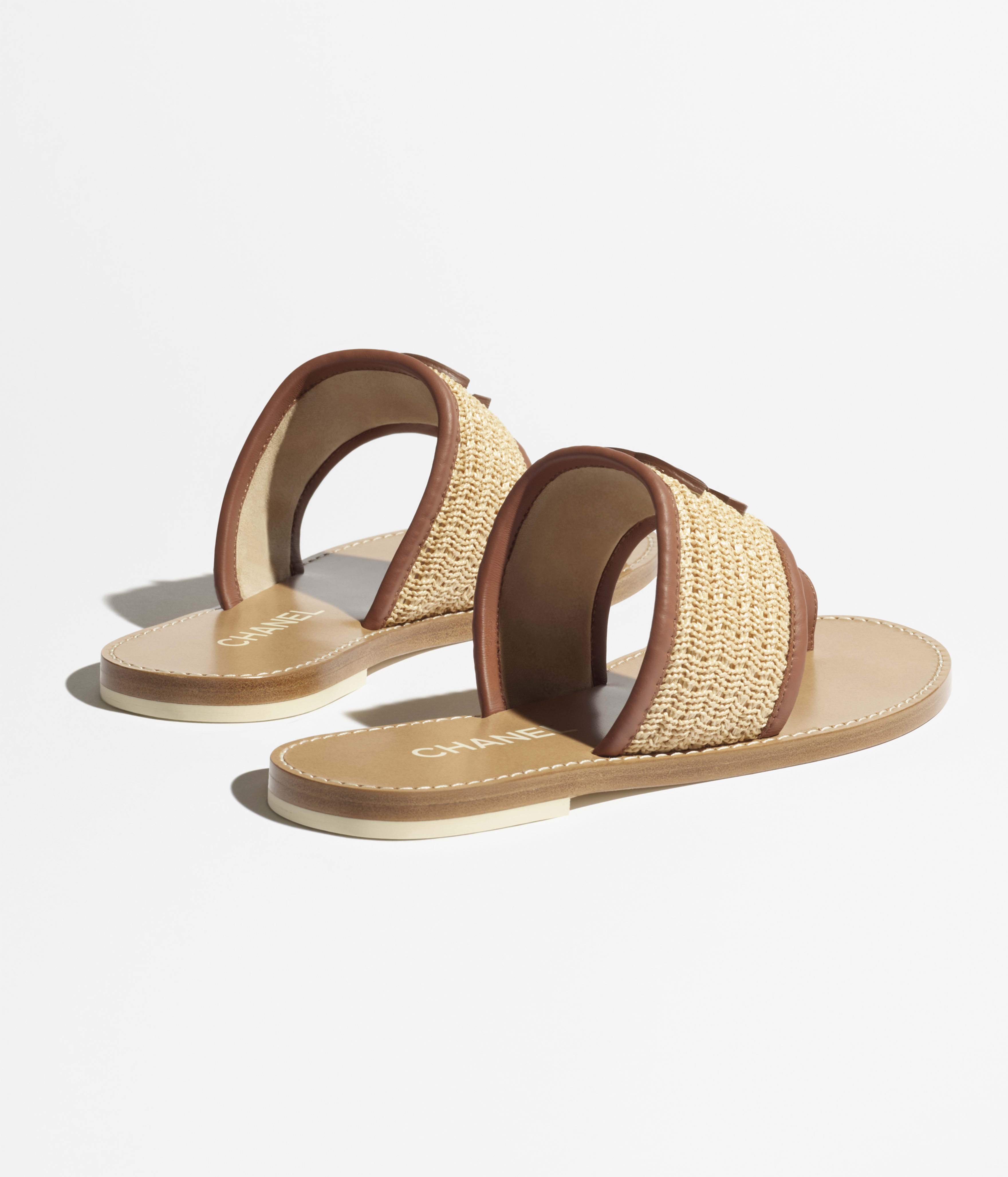 Mules - Raffia & lambskin, beige & brown — Fashion | CHANEL