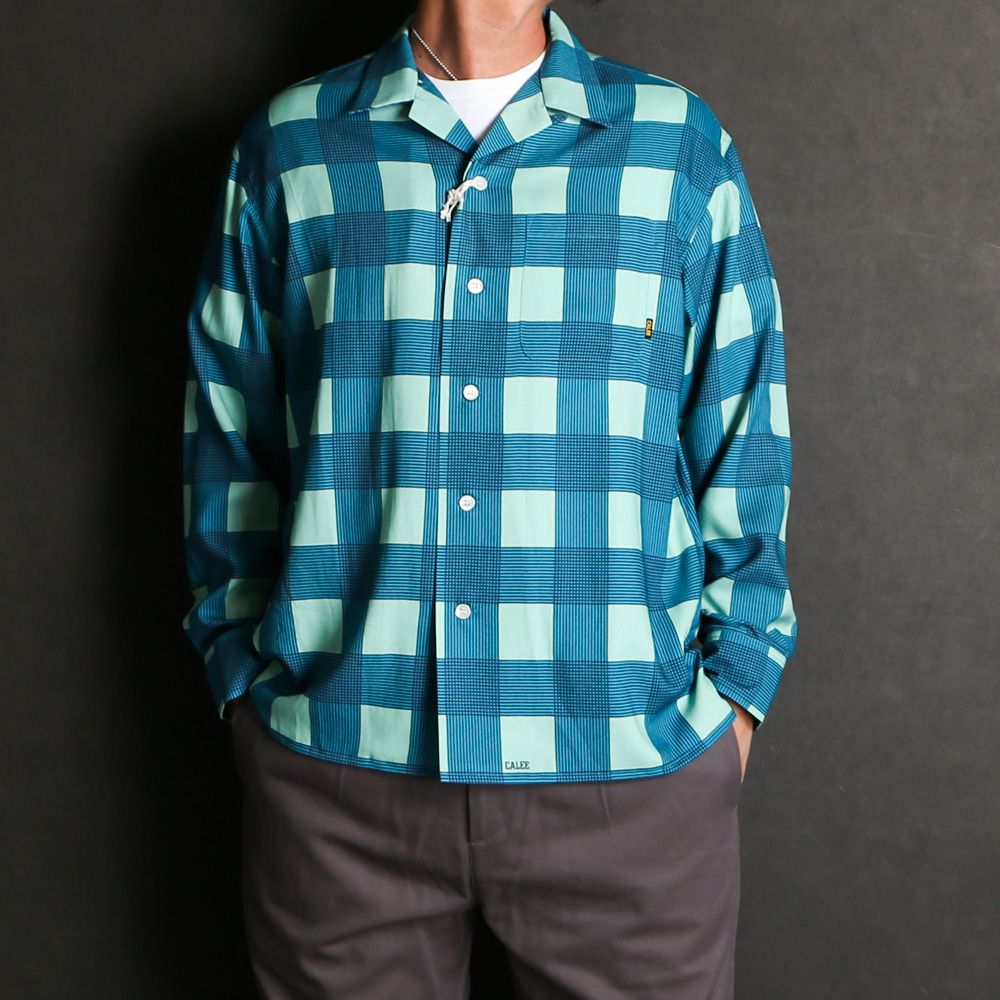 CALEE - RAYON CHECK OPEN COLLAR L/S SH - TURQUOISE / オープン