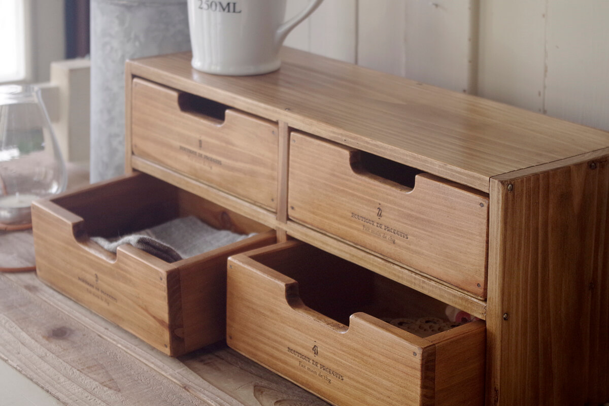 アンティーク風木製4ドロワーボックス｜手作りの木製小引出し｜通販