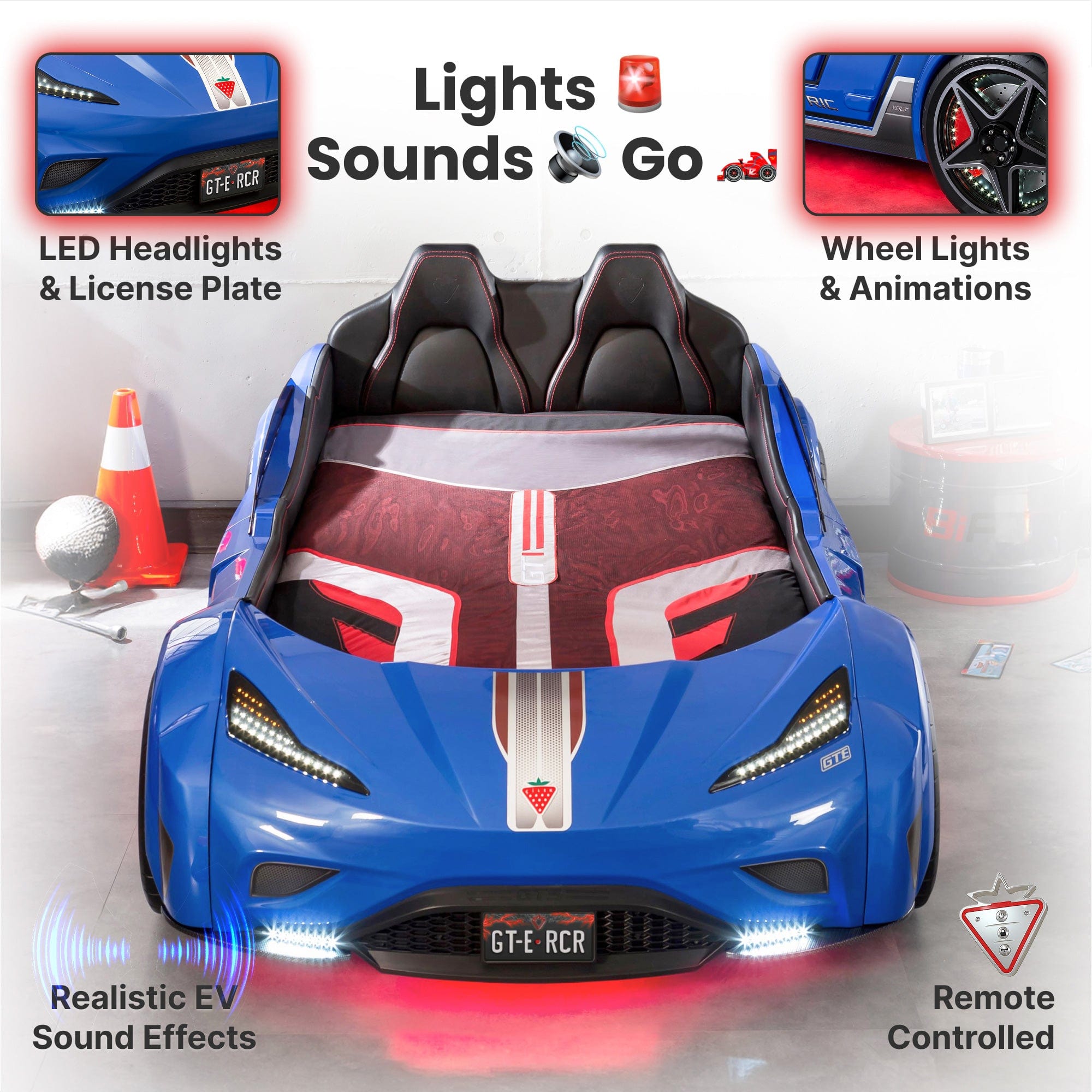 GTS EV Blue Twin-Size Race Car Bed with Remote, LED Ambient Lights